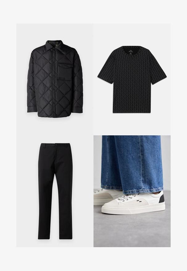 Juodas susiuvinėtas švarkas su deimanto raštu, ilgomis rankovėmis, apykakle ir krūtine kišenėle. Lygus paviršius ir užsegimas snapeliais.; Juodas marškinėliai su tekstūruotu pakaitinių 'A' logotipų raštu, trumpomis rankovėmis ir apvalia iškirpte. Pagaminti iš lengvos medžiagos.; Juodos tiesios kojos kelnės su mygtuku ir užtrauktuku, diržo kilpomis ir priekinėmis kišenėmis, pateiktos ant baltos fono.; Balti ir balti sportbačiai su lygaus odos paviršiumi, tekstūruotais akcentais ir masyviu baltu padu. Turi klasiką primenančią raištelių užsegimo sistemą.