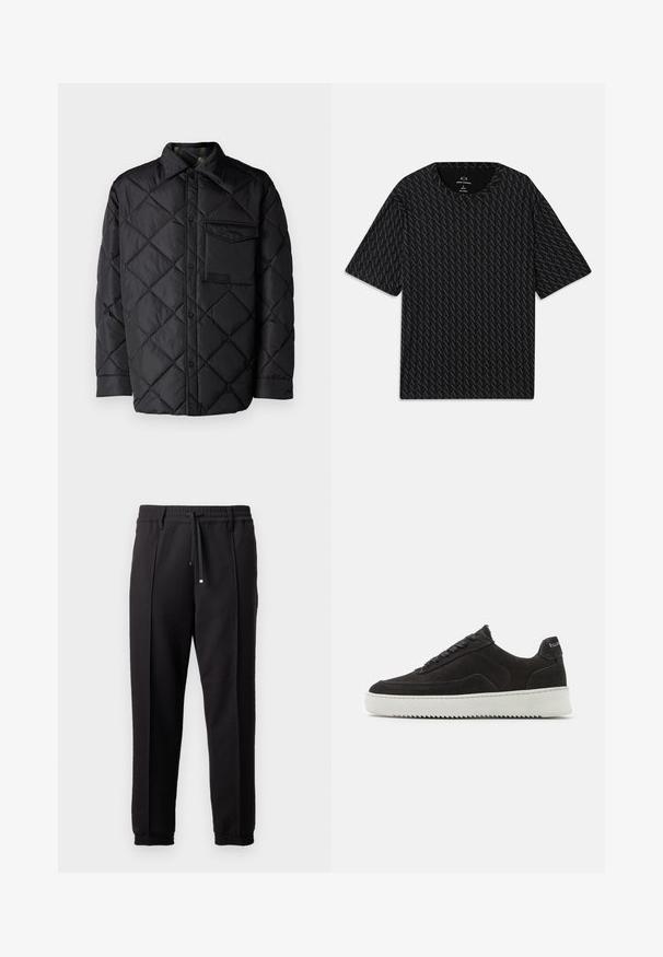 Crna jakna od prešane tkanine s dijamantnim uzorkom, dugim rukavima, ovratnikom i džepom na prsima. Glatka tekstura i zatvaranje na dugmad.; Crna majica s kratkim rukavima koja sadrži teksturirani uzorak izmjeničnih 'A' logotipa i okrugli izrez. Napravljena od laganog materijala.; Crne hlače s pojasom, vezicom i elastičnim rubovima. Imaju nabore i glatku, teksturiranu tkaninu.; Crne antilop tenisice s teksturiranim završetkom, koje imaju ravne vezice i kontrastnu bijelu gumenu potplatu s cik-cak uzorkom.