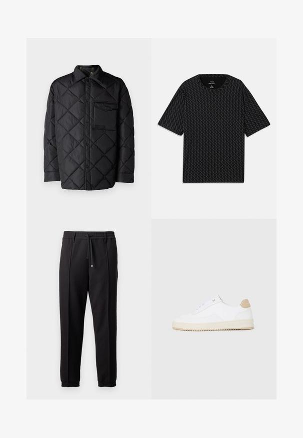 Juodas susiuvinėtas švarkas su deimanto raštu, ilgomis rankovėmis, apykakle ir krūtine kišenėle. Lygus paviršius ir užsegimas snapeliais.; Juodas marškinėliai su tekstūruotu pakaitinių 'A' logotipų raštu, trumpomis rankovėmis ir apvalia iškirpte. Pagaminti iš lengvos medžiagos.; Juodos kelnės su juosmeniu, raišteliu ir elastingais rankogaliais. Yra raukšlės ir lygus, tekstūruotas audinys.; Baltos žemos sportbačiai su tekstūruota odine viršutinė dalimi, kreminė banguota priekiu ir ruda kulno akcentu. Yra baltos raištelės ir logotipas ant kulno.