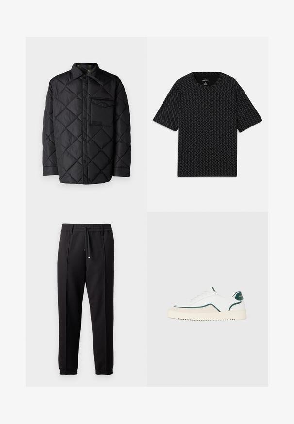 Czarna pikowana kurtka z diamentowym wzorem, długimi rękawami, kołnierzem i kieszenią na piersi. Gładka tekstura i zapięcie na napy.; Czarny T-shirt z fakturowanym wzorem naprzemiennych logo 'A', krótkimi rękawami i okrągłym dekoltem. Wykonany z lekkiego materiału.; Czarne spodnie z pasem, sznurkiem do regulacji i elastycznymi mankietami. Posiadają kanty oraz gładki, teksturowany materiał.; Białe niskie tenisówki z zielonymi wykończeniami, beżowymi zamszowymi detalami i kremową podeszwą z jednolitą fakturą.