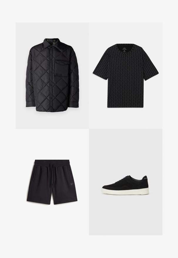Zwarte doorgestikte jas met ruitpatroon, lange mouwen, een kraag en een borstzak. Gladde textuur en drukknoopsluiting.; Zwarte T-shirt met een gestructureerd patroon van afwisselende 'A' logo's, korte mouwen en een ronde hals. Gemaakt van lichte stof.; Zwarte sweatshorts gemaakt van een katoenmix. Voorzien van een elastische tailleband met trekkoord, zijzakken en een klein logo-label.; Zwarte suède sneakers met vetersluiting en contrasterende witte rubberen zool. Voorzien van textuurpanelen aan de zijkanten en subtiele branding op de hiel.