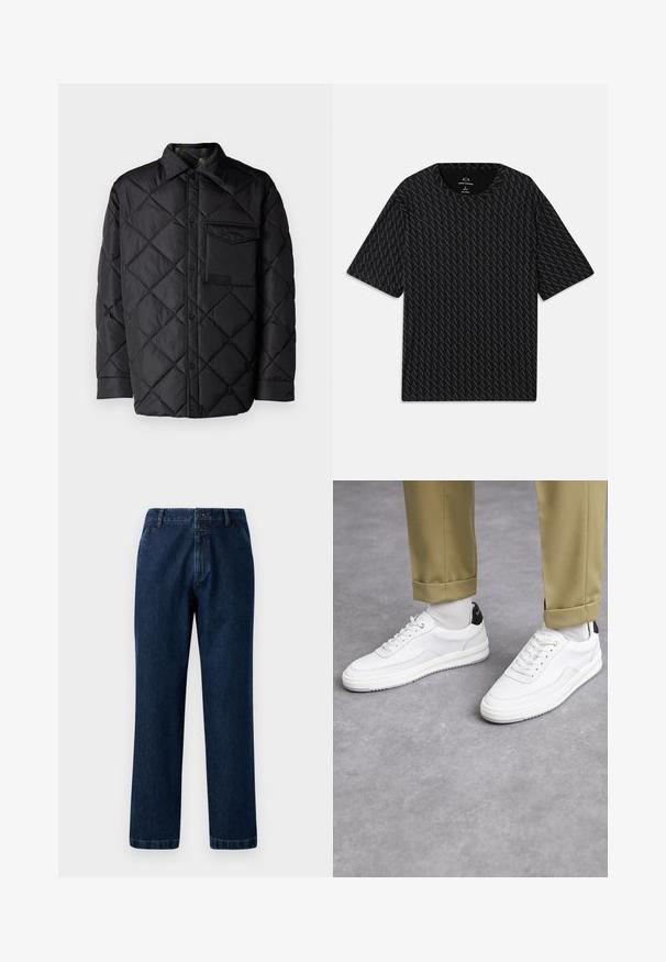 Veste noire matelassée avec motif en losange, manches longues, un col et une poche poitrine. Texture lisse et fermeture à boutons-pression.; T-shirt noir avec un motif texturé de logos 'A' alternés, manches courtes et col rond. Fabriqué en tissu léger.; Jeans en denim bleu foncé avec une coupe droite, fermeture à bouton et passants de ceinture. Le tissu a une texture subtile et des détails de couture classiques.; Baskets blanches avec une finition en cuir texturé, bout arrondi et accent noir au talon. Semelle en caoutchouc avec un petit motif de sculpture et des détails cousus.