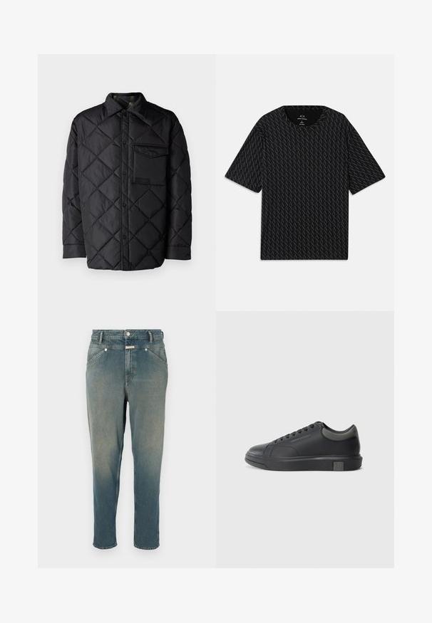 Fekete steppelt dzseki gyémántmintával, hosszú ujjak, gallér és mellzseb. Simaság jellemzi és patentos záródású.; Fekete póló, váltakozó 'A' logók textúrájával, rövid ujjakkal és kerek nyakkivágással. Könnyű anyagból készült.; Kopott kék farmernadrág, egyenes fazonnal és magas derékkal. Övfűzőkkel, öt zsebbel és fémből készült gombos zárással rendelkezik. Enyhén megviselt textúra.; Fekete bőrlábbeli sima felülettel, kerek orral és sötétszürke kiegészítőkkel. Fűzős kialakítású és texturált gumitalppal rendelkezik.