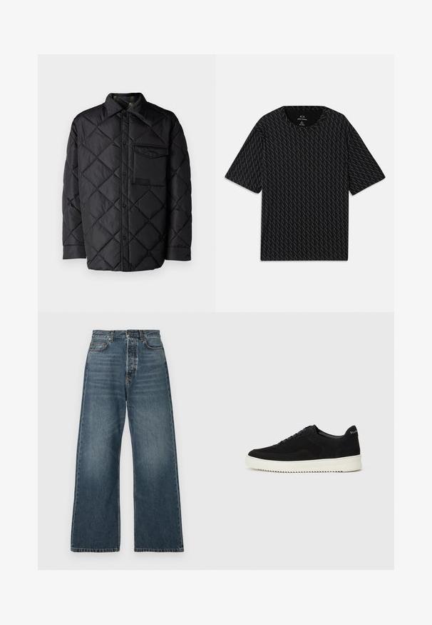 Melnā quiltota virsjaka ar dimanta rakstu, garām piedurknēm, apkakli un krūšu kabatu. Gluda tekstūra un spiedpogu aizdare.; Melna t-kreklu ar teksturētu pārveidojumu, kurā mijas 'A' logotipi, īsām piedurknēm un apaļu kakla izgriezumu. Izgatavots no viegla auduma.; Augsts viduklis, plašas kājas zili džinsi ar priekšējām kabatām, jostu cilpiņām un pogas aizdari, izgatavoti no vidēji noskalota džinsa auduma.; Melnas zamšas kedas ar auklām un kontrastējošu baltu gumijas zoli. Iekļauj teksturētas sānu panēles un diskretu zīmolu uz papēža.