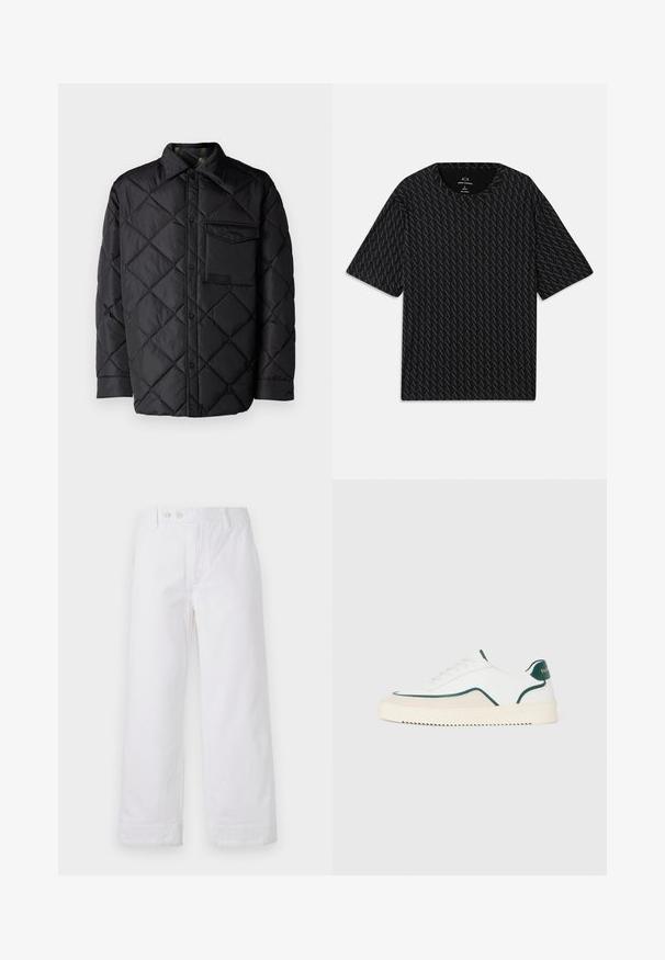 Črna prešita jakna z diamantom, dolgi rokavi, ovratnik in žep na prsih. Gladka tekstura in zapiranje na sponko.; Črna majica s kratkimi rokavi, ki vsebuje teksturiran vzorec iz izmeničnih logotipov 'A', z okroglim izrezom. Narejena iz lahkega materiala.; Bele bombažne hlače širokega kroja z visokim pasom, ki imajo gumb za zapiranje in zavihane robove. Gladka tekstura in klasičen dizajn.; Beli nizki copati z zelenimi poudarki, bež semiš detajli in kremasto belo podplatom z rebrasto površino.