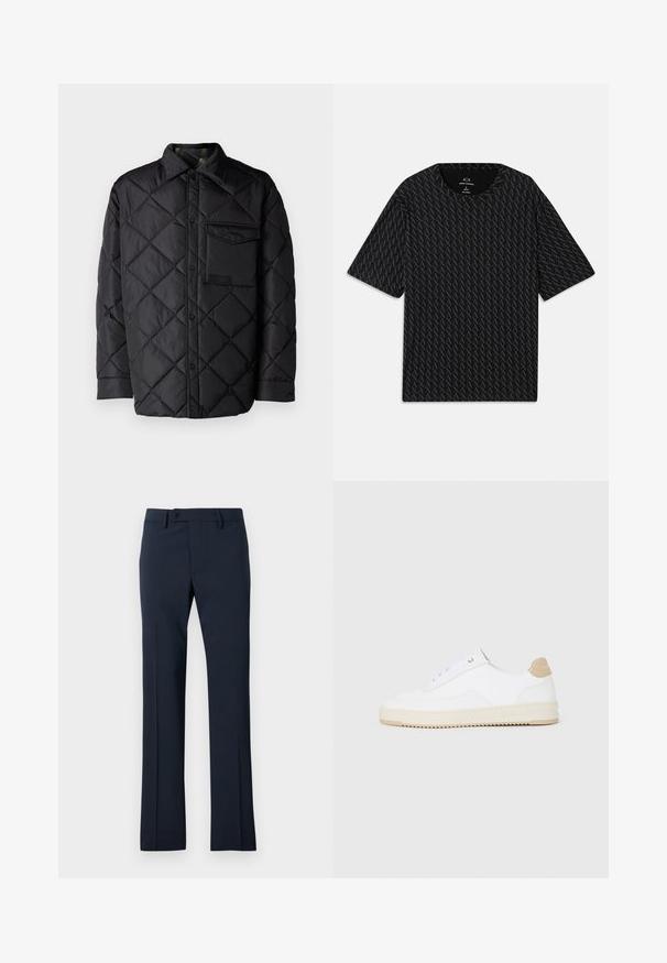 Juodas susiuvinėtas švarkas su deimanto raštu, ilgomis rankovėmis, apykakle ir krūtine kišenėle. Lygus paviršius ir užsegimas snapeliais.; Juodas marškinėliai su tekstūruotu pakaitinių 'A' logotipų raštu, trumpomis rankovėmis ir apvalia iškirpte. Pagaminti iš lengvos medžiagos.; Tamsiai mėlynos spalvos kelnės pagamintos iš lygaus audinio, su tiesaus kirpimo dizainu, mygtuko uždarymu ir priekinėmis raukšlėmis.; Baltos žemos sportbačiai su tekstūruota odine viršutinė dalimi, kreminė banguota priekiu ir ruda kulno akcentu. Yra baltos raištelės ir logotipas ant kulno.