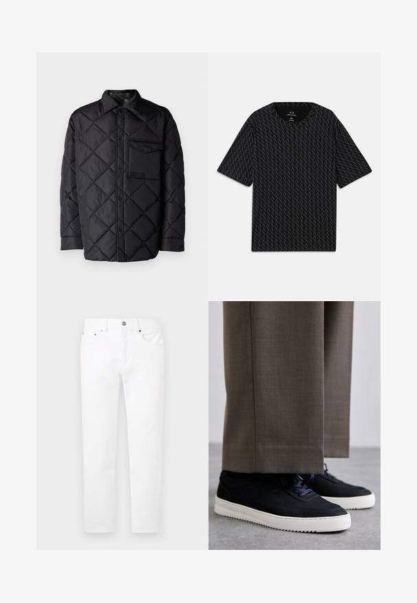 Mustra mustriga mustav tepitud jakk, pika varrukaga, kraega ja rinnakotiga. Sile tekstuur ja nupuklipp.; Must mustläbiga T-särk, millel on tekstuurne muster vahelduvate 'A' logodega, lühikeste varrukatega ja ümar kaelus. Valmistatud kergest kangast.; Valged denimhargid sirge lõikega, viie tasku stiiliga ja esipoolse metallist riistvaraga. Sile tekstuur, ilma nähtavate mustriteta.; Mustad suleed sneakers valge kummist tallaga, ümarate varvaste ja paeltega, kantud hallide ülikonna pükste kõrval.