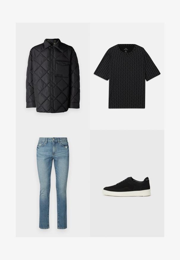 Czarna pikowana kurtka z diamentowym wzorem, długimi rękawami, kołnierzem i kieszenią na piersi. Gładka tekstura i zapięcie na napy.; Czarny T-shirt z fakturowanym wzorem naprzemiennych logo 'A', krótkimi rękawami i okrągłym dekoltem. Wykonany z lekkiego materiału.; Jasnoniebieskie dżinsy o prostym kroju, z pięcioma kieszeniami i delikatnym odcieniem na udach. Posiadają standardowy pas i zapięcie na guzik.; Czarne zamszowe sneakersy z designem na sznurówki i kontrastującą białą gumową podeszwą. Posiadają teksturowane boczne panele oraz subtelne logo na pięcie.