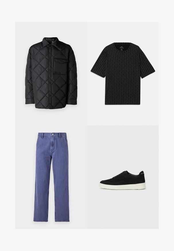 Sort quiltet jakke med diamanter, lange ærmer, krave og brystlomme. Glat tekstur og trykknaplukning.; Sort T-shirt med et tekstureret mønster af vekslende 'A' logoer, korte ærmer og rund halsudskæring. Fremstillet af letvægtsstof.; Blå denim jeans med lige ben, høj talje, forkert lynlås og fem-lomme design. Stof har en let tekstur. Ingen mønstre.; Sort ruskinds sneaker med snørebånd og kontrasterende hvid gummisål. Har teksturerede sidepaneler og diskret branding på hælen.