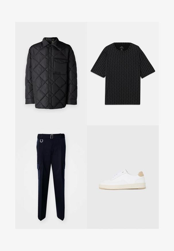 Musta tikattu takki, jossa on timanttipatterni, pitkät hihat, kaulus ja rintatasku. Sileä tekstuuri ja nepparikiinnitys.; Mustat T-paita, jossa on teksturoitu kuvio, jossa vuorottelevat 'A' -logot, lyhyet hihat ja pyöreä pääntie. Valmistettu kevyestä kankaasta.; Tummansiniset cargo-housut, jotka on valmistettu kestävästä kankaasta. Niissä on vyö hopeisella soljella ja kaksi sivutaskua läpillä.; Valkoiset matalat tennarit, joissa on teksturoitu nahkapinta, kermaisa uratettu pohja sekä ruskea kantapääkorostus. Varustettu valkoisilla nauhoilla ja logoyksityiskohdalla kantapäässä.