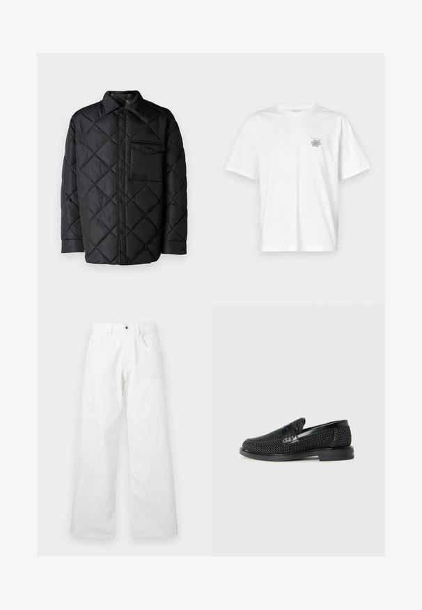 Chaqueta acolchada negra con patrón de diamante, mangas largas, un cuello y un bolsillo en el pecho. Textura suave y cierre de botón a presión.; Camiseta blanca de algodón con mangas cortas, cuello redondo y un pequeño logo gris en el lado izquierdo del pecho. Textura suave.; Pantalones de mezclilla blancos con un diseño de pierna recta, que cuentan con dos bolsillos frontales y un cierre de botón. Textura suave con un acabado ligeramente desgastado.; Zapato negro de tejido con un acento de cuero suave en la parte superior, diseño de punta redonda y suela de goma de perfil bajo.
