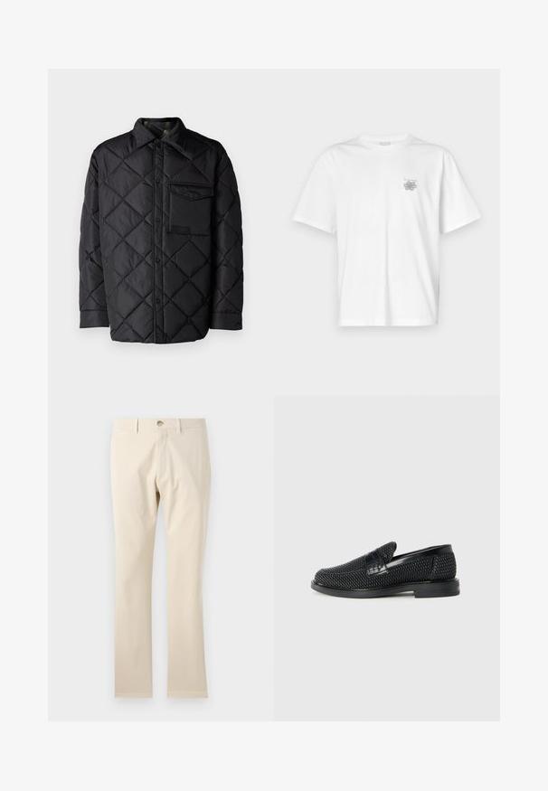 Chaqueta acolchada negra con patrón de diamante, mangas largas, un cuello y un bolsillo en el pecho. Textura suave y cierre de botón a presión.; Camiseta blanca de algodón con mangas cortas, cuello redondo y un pequeño logo gris en el lado izquierdo del pecho. Textura suave.; Pantalones de algodón beige, diseño de pierna recta, con cierre de botón y trabillas para cinturón, textura lisa y sin patrones ni acentos visibles.; Zapato negro de tejido con un acento de cuero suave en la parte superior, diseño de punta redonda y suela de goma de perfil bajo.