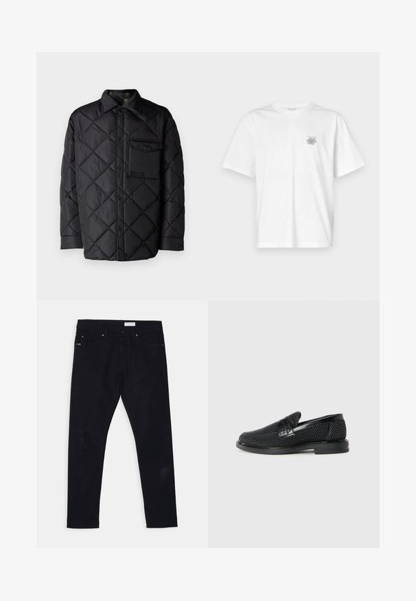 Jachetă neagră matlasată cu model în diamant, mâneci lungi, guler și un buzunar pe piept. Textură netedă și închidere cu capse.; Tricou alb din bumbac, cu mâneci scurte, guler rotund și un mic logo gri în zona stângă a pieptului. Textură netedă.; Jeans din denim negru, cu croi slim, design cu cinci buzunare și accesorii din metal. Include o etichetă din piele pe talia din spate.; Pantofii negri din material textil, cu accent din piele netedă pe partea superioară, design cu vârf rotund și talpă din cauciuc de profil redus.