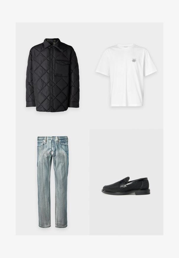 Giacca nera trapuntata con motivo a diamond, maniche lunghe, colletto e taschino sul petto. Texture liscia e chiusura con bottoni a pressione.; T-shirt bianca in cotone con maniche corte, colletto tondo e un piccolo logo grigio nella zona sinistra del petto. Texture liscia.; Jeans in denim blu con taglio dritto, caratterizzati da una finitura sbiadita, cinque tasche e dettagli in ottone alla vita.; Scarpa nera a mocassino intrecciata con un accentuato in pelle liscia sulla parte superiore, design a punta rotonda e suola in gomma a profilo basso.
