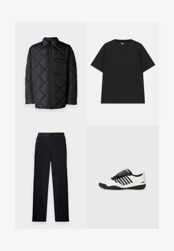 Giacca nera trapuntata con motivo a diamond, maniche lunghe, colletto e taschino sul petto. Texture liscia e chiusura con bottoni a pressione.; T-shirt nera a maniche corte in cotone, con scollo rotondo e un piccolo logo vicino all'orlo. Tessuto liscio, vestibilità regolare.; Pantaloni neri realizzati in un tessuto leggero e strutturato, con taglio dritto, vita elasticizzata e tasche laterali con zip.; Sneaker con texture bianca screpolata, dettagli neri, cinque strisce orizzontali e linguetta imbottita nera etichettata "1984". Suola in gomma nera.