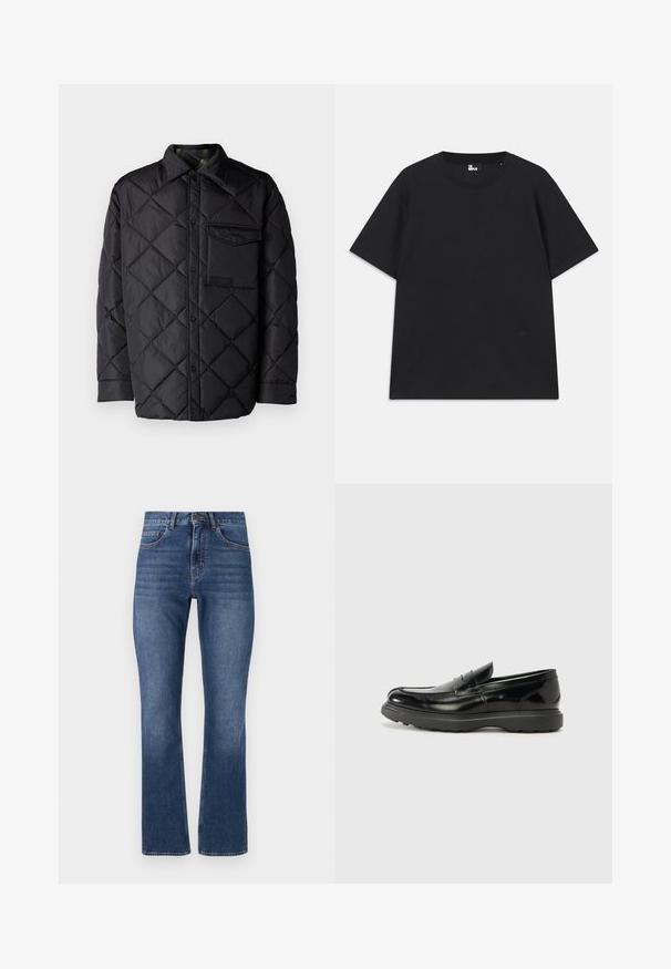Jachetă neagră matlasată cu model în diamant, mâneci lungi, guler și un buzunar pe piept. Textură netedă și închidere cu capse.; Tricou negru cu mânecă scurtă, din bumbac, având un decolteu circular și un mic detaliu cu logo aproape de tiv. Textură netedă, croială normală.; Jeans din denim albastru cu un croi drept, dotate cu buzunare standard și o talie cusută, având o spălare medie și o ușoară decolorare.; Mocasin din piele neagră cu o finisare lucioasă, vârf rotunjit, detalii de cusătură subtile și o talpă groasă din cauciuc pentru durabilitate.