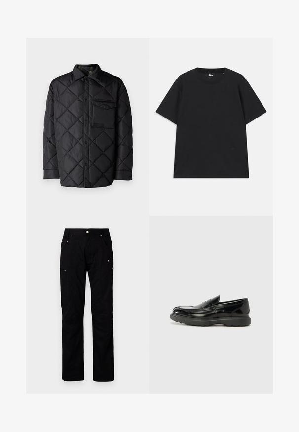 Zwarte doorgestikte jas met ruitpatroon, lange mouwen, een kraag en een borstzak. Gladde textuur en drukknoopsluiting.; Zwart kortebril T-shirt van katoen, met een ronde hals en een klein logo detail near de zoom. Gladde textuur, normale pasvorm.; Zwarte cargobroek van duurzame stof met meerdere zakken, versterkte stiksels en metalen accenten voor verbeterde functionaliteit.; Zwarte leren instapper met een glanzende afwerking, een ronde neus, subtiele stiksels en een dikke rubberen zool voor duurzaamheid.