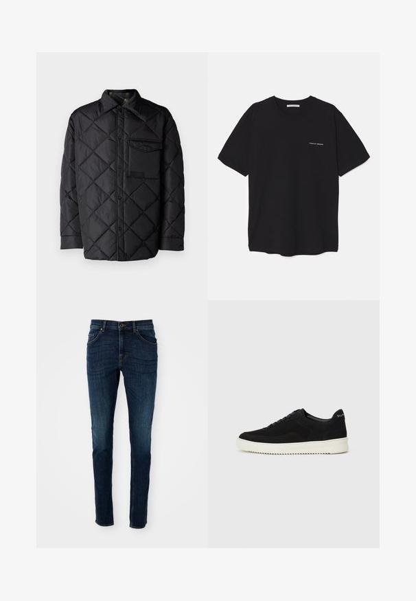 Juodas susiuvinėtas švarkas su deimanto raštu, ilgomis rankovėmis, apykakle ir krūtine kišenėle. Lygus paviršius ir užsegimas snapeliais.; Juoda medvilninė marškinėlė su apykakle, trumpomis rankovėmis ir baltu logotipu kairėje krūtinės pusėje. Paprastas, vientisas spalvų dizainas.; Tamsiai mėlynos džinsinės kelnės, slim fit supjaustymo, struktūruoto dizaino, penkių kišenių stiliaus su šviesiomis nudėvėjimo detalėmis palei kojas ir siūles.; Juodos veliūrinės sportinės bateliai su raištelių dizainu ir kontrastinga balta gumine padais. Yra tekstūruoti šoniniai skydeliai ir subtilus logotipas ant kulno.