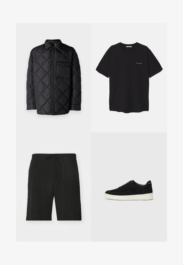 Crna jakna od prešane tkanine s dijamantnim uzorkom, dugim rukavima, ovratnikom i džepom na prsima. Glatka tekstura i zatvaranje na dugmad.; Crna pamučna majica s okruglim izrezom, kratkim rukavima i bijelim logotipom otisnutim na lijevoj strani prsnog koša. Jednostavan dizajn u jednoj boji.; Crne lanene kratke hlače s pojasom na vezivanje, s opuštenim krojem i dužinom do koljena. Gladka tekstura, jednostavan i klasičan stil.; Crne nubuk tenisice s vezanjem i kontrastnom bijelom gumenom potplatom. Imaju teksturirane bočne panele i suptilno brendiranje na peti.