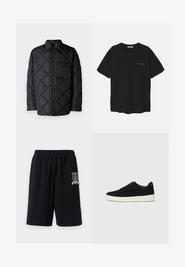 Black quilted jacket with diamond pattern, long sleeves, a collar, and a chest pocket. Smooth texture and snap-button closure.; Black cotton T-shirt with a crew neck, short sleeves, and a white logo print on the left chest. Simple, solid color design.; Black cotton shorts with an elastic waistband, side pockets, and a decorative patch featuring "Love & Justice" on the left leg.; Black suede sneaker with lace-up design and contrasting white rubber sole. Features textured side panels and subtle branding on the heel.