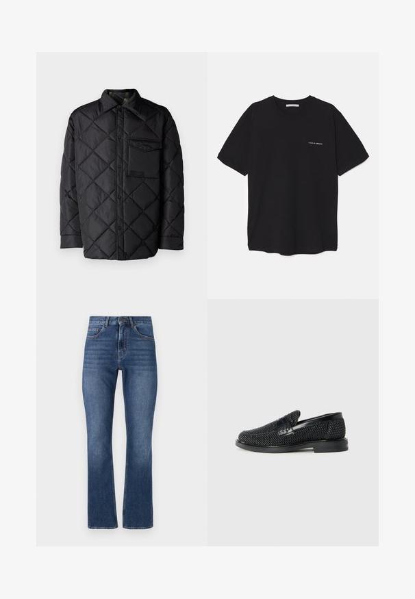 Černá prošívaná bunda s diamantovým vzorem, dlouhými rukávy, límcem a náprsní kapsou. Hladká textura a zapínání na tlakové knoflíky.; Černé bavlněné tričko s kulatým výstřihem, krátkými rukávy a bílým logem potisknutým na levé straně hrudi. Jednoduchý, jednobarevný design.; Modré denimové džíny s rovně střiženými nohavicemi, standardními kapsami a prošívaným pasem, s běžným umytím a jemným žmolkováním.; Černé pletené nazouvací boty s hladkým koženým akcentem na svršku, kulatou špičkou a nízkoprofilovou gumovou podrážkou.