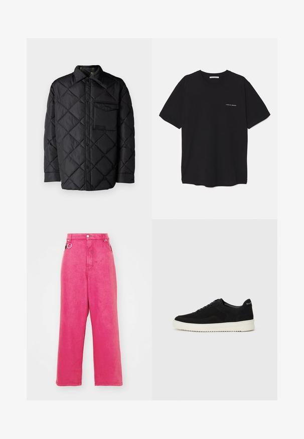 Black quilted jacket with diamond pattern, long sleeves, a collar, and a chest pocket. Smooth texture and snap-button closure.; Black cotton T-shirt with a crew neck, short sleeves, and a white logo print on the left chest. Simple, solid color design.; Pink wide-leg jeans with a high waist, crafted from denim, featuring a button and zipper closure, belt loops, and a decorative ring detail.; Black suede sneaker with lace-up design and contrasting white rubber sole. Features textured side panels and subtle branding on the heel.