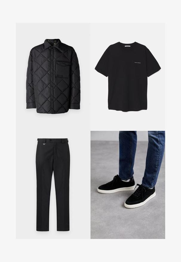 Black quilted jacket with diamond pattern, long sleeves, a collar, and a chest pocket. Smooth texture and snap-button closure.; Black cotton T-shirt with a crew neck, short sleeves, and a white logo print on the left chest. Simple, solid color design.; Black tailored trousers with a straight-fit cut, featuring a button closure and belt loops. Smooth texture with minimal detailing.; Black suede sneakers with a white rubber sole, featuring a classic low-top design, rounded toe, and flat black laces.
