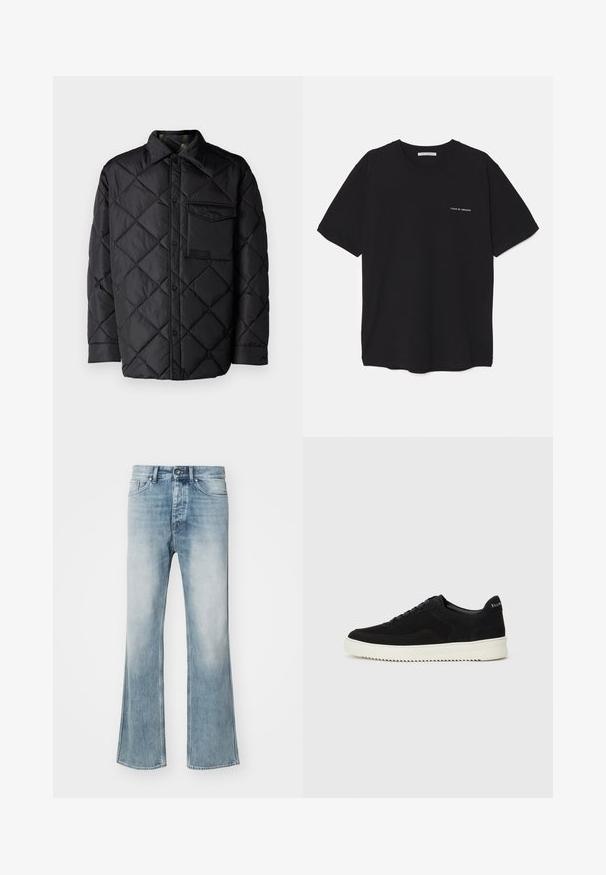 Juodas susiuvinėtas švarkas su deimanto raštu, ilgomis rankovėmis, apykakle ir krūtine kišenėle. Lygus paviršius ir užsegimas snapeliais.; Juoda medvilninė marškinėlė su apykakle, trumpomis rankovėmis ir baltu logotipu kairėje krūtinės pusėje. Paprastas, vientisas spalvų dizainas.; Tiger of Sweden ALEC - Laisvo kirpimo džinsai - dust blue; Juodos veliūrinės sportinės bateliai su raištelių dizainu ir kontrastinga balta gumine padais. Yra tekstūruoti šoniniai skydeliai ir subtilus logotipas ant kulno.