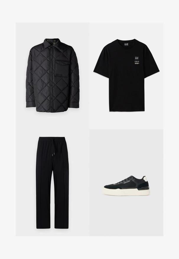 Crna jakna od prešane tkanine s dijamantnim uzorkom, dugim rukavima, ovratnikom i džepom na prsima. Glatka tekstura i zatvaranje na dugmad.; Crna pamučna majica s kratkim rukavima, okruglim izrezom i malom oznakom logotipa sprijeda koja sadrži simbole za njegu u bijeloj boji.; Crne, lagane hlače s elastičnim pojasom i vezicom, s dva prednja nabora i ravnim krojem. Glatka tekstura.; Crne tenisice od mrežaste tkanine i kože, s debelim bijelim potplatom i kontrastnim detaljima. Šnure i logo detalj sa strane.
