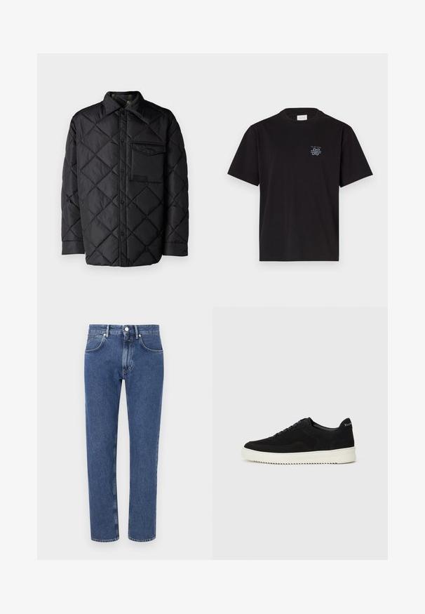 Black quilted jacket with diamond pattern, long sleeves, a collar, and a chest pocket. Smooth texture and snap-button closure.; Black cotton t-shirt with a crew neck and short sleeves. Features a small blue logo on the left chest. Simple, straight-cut design.; Blue denim jeans with a straight leg design, reinforced stitching, five-pocket style, and a front button closure.; Black suede sneaker with lace-up design and contrasting white rubber sole. Features textured side panels and subtle branding on the heel.