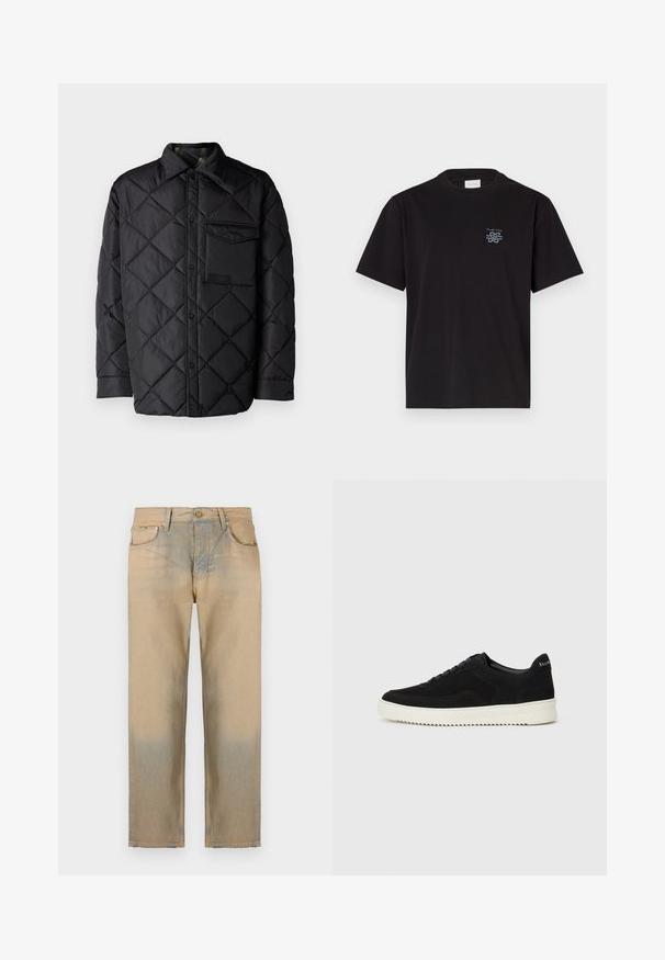 Giacca nera trapuntata con motivo a diamond, maniche lunghe, colletto e taschino sul petto. Texture liscia e chiusura con bottoni a pressione.; T-shirt in cotone nero con collo rotondo e maniche corte. Presenta un piccolo logo blu sul lato sinistro del petto. Design semplice e dritto.; Jeans in denim beige con design a gamba dritta, caratterizzati da un effetto sbiadito sul fondo, cinque tasche e chiusura con bottone.; Sneaker in suede nero con design con lacci e suola in gomma bianca a contrasto. Presenta pannelli laterali testurizzati e un marchio discreto sul tallone.