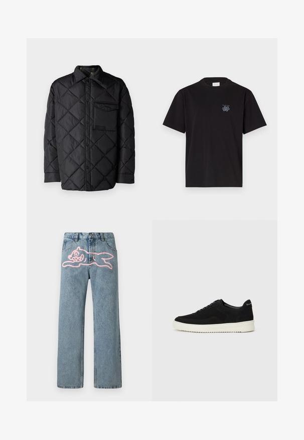 Melnā quiltota virsjaka ar dimanta rakstu, garām piedurknēm, apkakli un krūšu kabatu. Gluda tekstūra un spiedpogu aizdare.; Melna kokvilnas T-kreklu ar apaļu kaklu un īsām piedurknēm. Saturs mazu zilu logotipu kreisajā krūtī. Vienkāršs, taisns griezums.; Gaiši zili džinsi ar taisnām kājām, kuriem ir liels rozā karikatūru kaķa attēls uz kreisā augšstilba. Klasiska piecu kabatu dizains.; Melnas zamšas kedas ar auklām un kontrastējošu baltu gumijas zoli. Iekļauj teksturētas sānu panēles un diskretu zīmolu uz papēža.