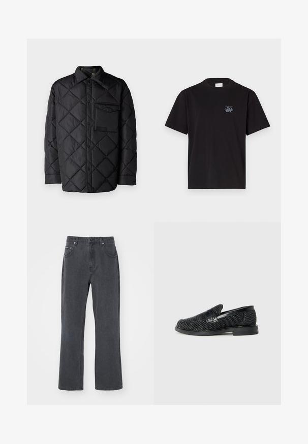 Juodas susiuvinėtas švarkas su deimanto raštu, ilgomis rankovėmis, apykakle ir krūtine kišenėle. Lygus paviršius ir užsegimas snapeliais.; Juodas medvilninis marškinėliai su apvalia kaklo iškirpte ir trumpomis rankovėmis. Yra mažas mėlynas logotipas ant kairiojo krūtinės. Paprastas, tiesus kirpimas.; Tamsiai pilki džinsai su tiesiomis kojomis, penkių kišenių išdėstymu ir metaliniu mygtuko uždarymu. Minkšta tekstūra ir minimalus detalizavimas.; Juodas pintas slip-on tipo batelis su lygiu odiniu akcentu viršuje, apvalios nosies dizainas ir žemas guminis padas.