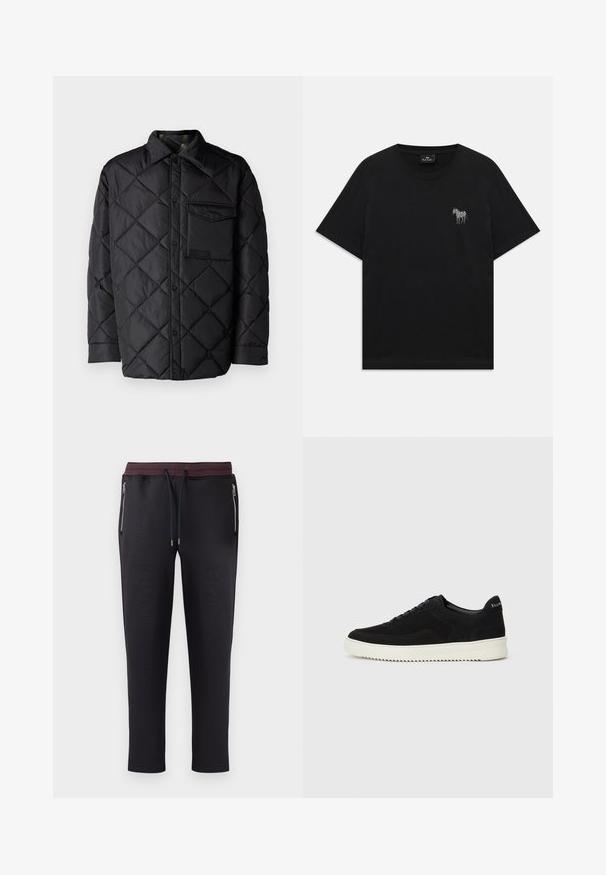 Čierna prešívaná bunda s diamantovým vzorom, dlhé rukávy, golier a náprsné vrecko. Hladká textúra a zapínanie na patentky.; Čierne tričko s krátkym rukávom s malou vyšívanou bielou zebrou na ľavej hrudi a okrúhlym výstrihom.; Čierne joggingové nohavice s textúrovaným pásom v burgundskej a modrej farbe, so bočnými vreckami na zips a zúženým strihom. Vyrobené z mäkkého materiálu.; Čierne semišové tenisky s šnurovacím dizajnom a kontrastnou bielou gumovou podrážkou. Obsahujú štruktúrované bočné panely a jemné logo na päte.
