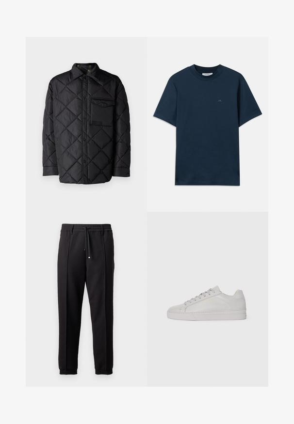 Black quilted jacket with diamond pattern, long sleeves, a collar, and a chest pocket. Smooth texture and snap-button closure.; Navy blue cotton t-shirt with a crew neck, short sleeves, and a subtle logo printed on the chest. Smooth texture and classic fit.; Black trousers with a waistband, drawstring, and elastic cuffs. Features pleats and a smooth, textured fabric.; Light gray leather sneaker with a smooth texture, rounded toe, flat rubber sole, and tonal laces. Features minimal branding in gold.