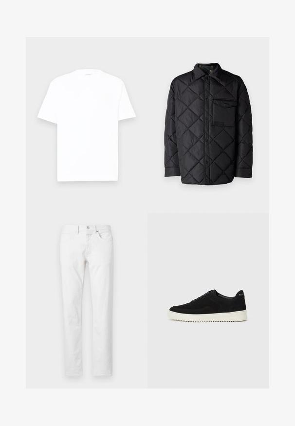 Svart quiltet jakke med diamantmønster, lange ermer, krage og brystlomme. Glatt tekstur og trykknapplukking.; Hvit bomulls T-skjorte med rund hals, korte ermer og en avslappet passform. Glatt tekstur, minimal dekorasjon og ingen mønstre eller grafikk.; Hvite jeans med rett ben laget av denim, med fem lommer, knappelukking og en klassisk passform med minimal tekstur.; Svart semsket sneakers med snøring og kontrasterende hvit gummisåle. Har teksturerte sidepaneler og subtil merkevare på hælen.