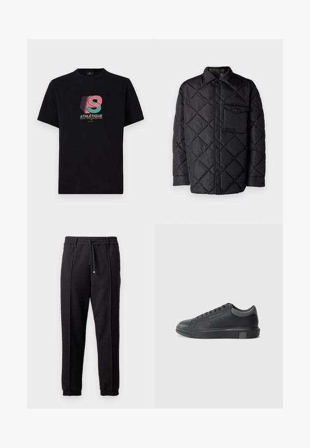 Mustra mustriga mustav tepitud jakk, pika varrukaga, kraega ja rinnakotiga. Sile tekstuur ja nupuklipp.; Mustast puuvillast T-särk lühikeste varrukatega, mille esiküljel on mitmevärviline graafiline disain, kus on kirjas "ATHLÉTIQUE" ja stiliseeritud "S".; Mustad püksid, millel on vöökoht, nöörikinnitus ja elastsed varrukad. Omab volange ja sileda, tekstuuriga kangast.; Musthave mustad nahk sneaker sileda viimistlusega, ümarate varvaste ja tummiste hallide aktsentidega. Omab paeltega kinnitust ja tekstureeritud kummist talla.