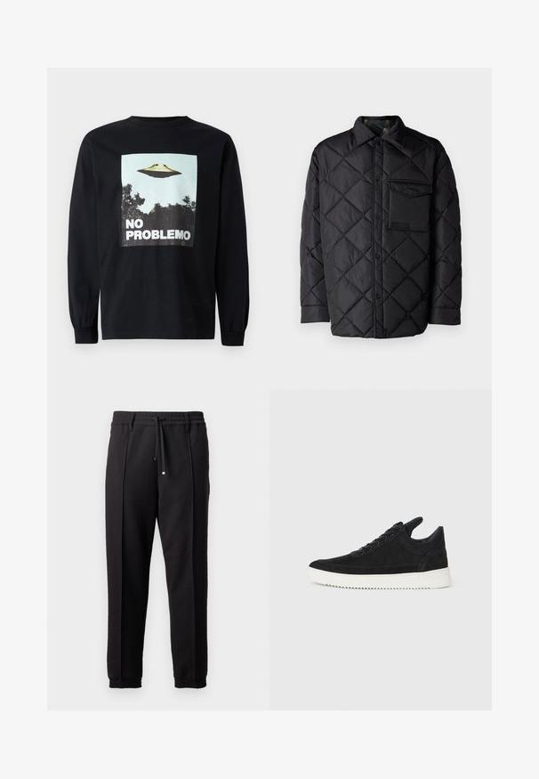 Schwarze gesteppte Jacke mit Diamantmuster, langen Ärmeln, Kragen und einer Brusttasche. Glatte Textur und Druckknopfverschluss.; Schwarzes Langarm-T-Shirt mit einem Grafikmotiv eines fliegenden Untertellers über Bäumen und dem Text "NO PROBLEMO" in fetten weißen Buchstaben.; Schwarze Hose mit einem Bund, Kordelzug und elastischen Bündchen. Sie verfügt über Plissees und einen glatten, strukturierten Stoff.; Schwarze Wildleder-Sneaker mit einer weißen Gummisohle, die sich durch elegante Nähte und ein schnürbares Design auszeichnen. Glatte Textur mit einer modernen, stromlinienförmigen Form.