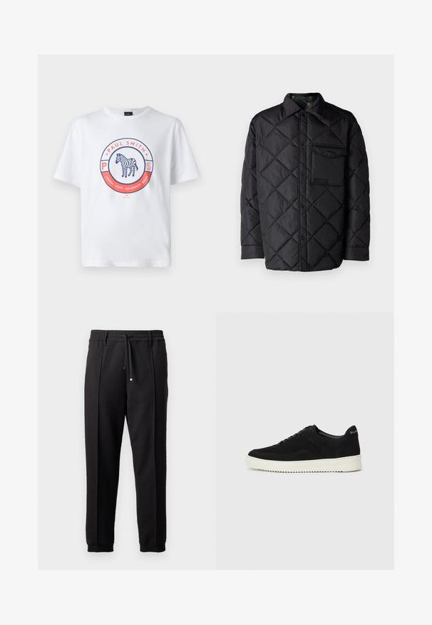 Crna jakna od prešane tkanine s dijamantnim uzorkom, dugim rukavima, ovratnikom i džepom na prsima. Glatka tekstura i zatvaranje na dugmad.; Bijela pamukasta majica s okruglim grafičkim motivom. Središnji dizajn uključuje tekst "Paul Smith" i ilustriranu zebru unutar kruga.; Crne hlače s pojasom, vezicom i elastičnim rubovima. Imaju nabore i glatku, teksturiranu tkaninu.; Crne nubuk tenisice s vezanjem i kontrastnom bijelom gumenom potplatom. Imaju teksturirane bočne panele i suptilno brendiranje na peti.