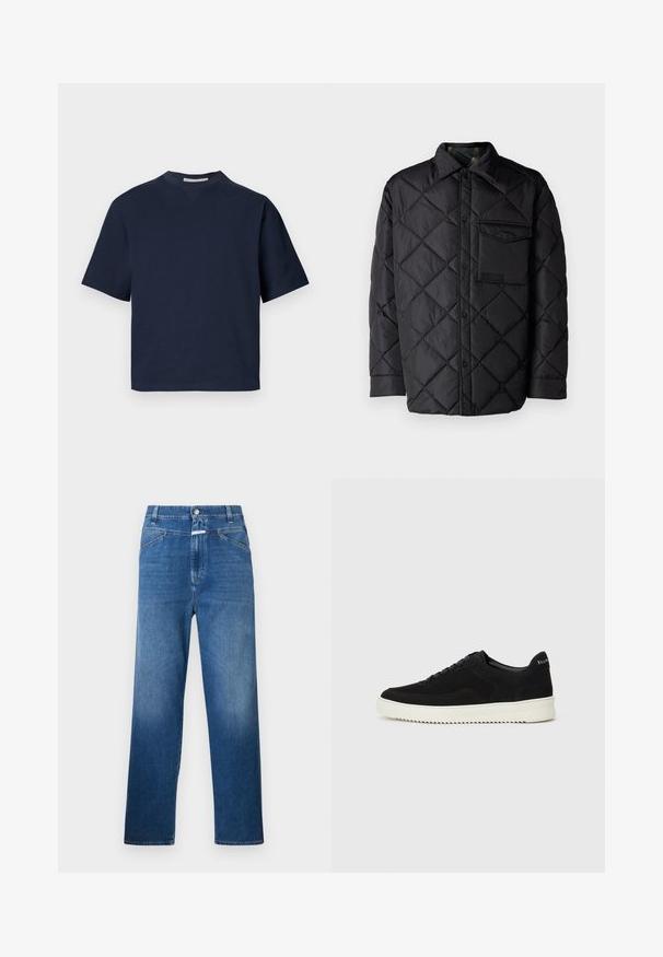 Svart quiltet jakke med diamantmønster, lange ermer, krage og brystlomme. Glatt tekstur og trykknapplukking.; Marineblå t-skjorte med korte ermer og v-hals, laget av mykt materiale, med en avslappet passform og minimalistisk design, uten synlige mønstre eller metalldeler.; Blå denim jeans med rette ben, som har knappelukking, belteholdere og subtil falming på lårene.; Svart semsket sneakers med snøring og kontrasterende hvit gummisåle. Har teksturerte sidepaneler og subtil merkevare på hælen.
