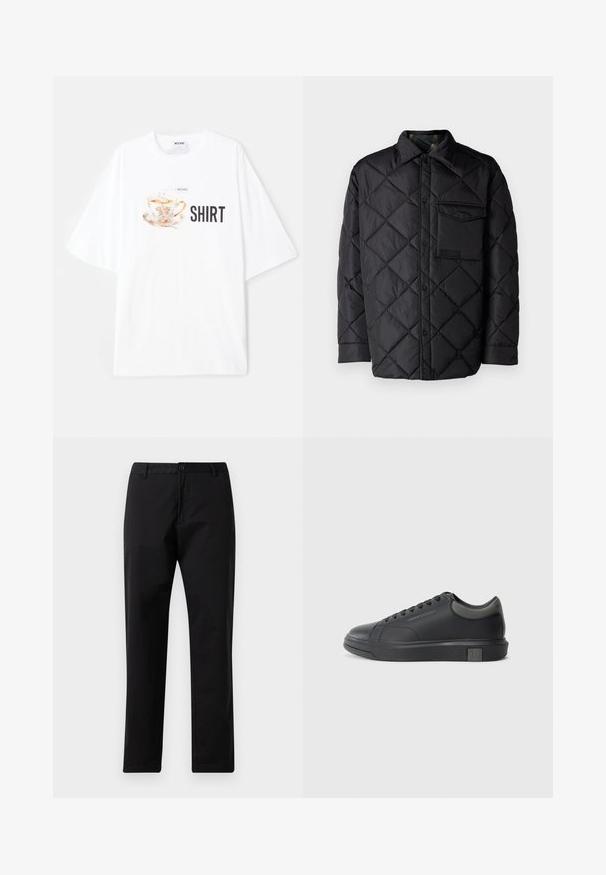 Sort quiltet jakke med diamanter, lange ærmer, krave og brystlomme. Glat tekstur og trykknaplukning.; Hvid oversized t-shirt med et farverigt tekrus grafik med blomsterdetaljer og ordet "SHIRT" i fede sorte bogstaver nedenunder.; Sorte lige bukser med knap- og lynlåslukning, bæltestropper og forlommer, præsenteret på hvid baggrund.; Sorte lædersneakers med en glat finish, rund tå og mørke grå accenter. Har snørebåndsdesign og tekstureret gummisål.