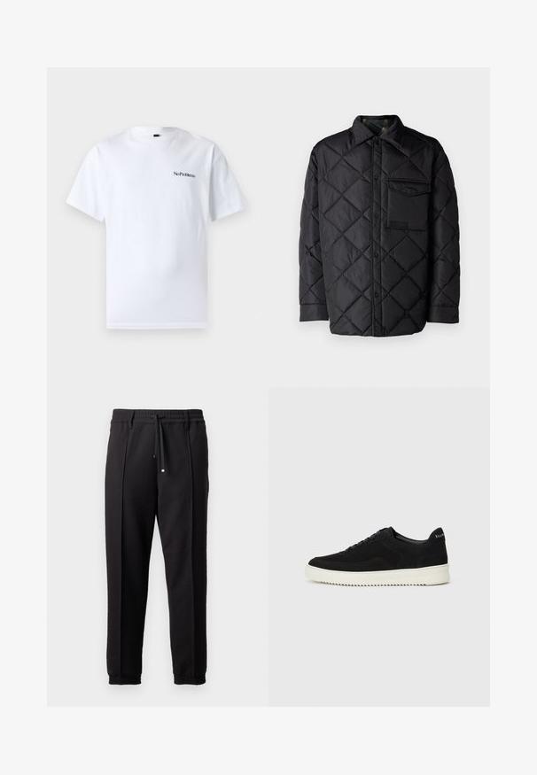 Mustra mustriga mustav tepitud jakk, pika varrukaga, kraega ja rinnakotiga. Sile tekstuur ja nupuklipp.; No Problemo MINI TEE - Lihtne T-särk - white; Mustad püksid, millel on vöökoht, nöörikinnitus ja elastsed varrukad. Omab volange ja sileda, tekstuuriga kangast.; Mustad suede jooksujalatsid, millel on paelad ja kontrastne valge kummitald. Omab tekstuuriga külgpaneele ja tagasihoidlikku brändimist kandadel.