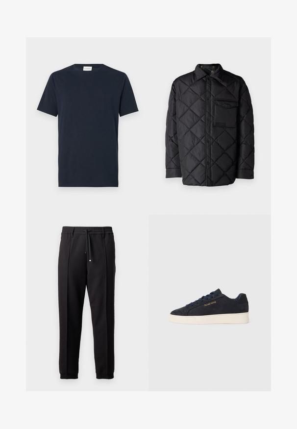 Black quilted jacket with diamond pattern, long sleeves, a collar, and a chest pocket. Smooth texture and snap-button closure.; Navy blue short-sleeve T-shirt made from soft cotton. Features a crew neckline and a simple, clean design without patterns or accents.; Black trousers with a waistband, drawstring, and elastic cuffs. Features pleats and a smooth, textured fabric.; Navy blue suede low-top sneaker with white sole, navy laces, and "Filling Pieces" logo in gold on the side.