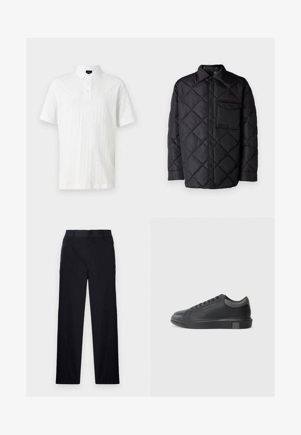 Svart quiltet jakke med diamantmønster, lange ermer, krage og brystlomme. Glatt tekstur og trykknapplukking.; Hvit polo skjorte med teksturert mønster, tre-knapp placket og korte ermer med kontrasterende mansjetter. Laget av bomull.; Sorte bukser med lett og teksturert stoff, rett ben-design, elastisk midjebånd og sidelommer med glidelås.; Sorte lærersneakers med en glat finish, rund tå og mørkegrå detaljer. Har snørebånd og en struktureret gummisål.