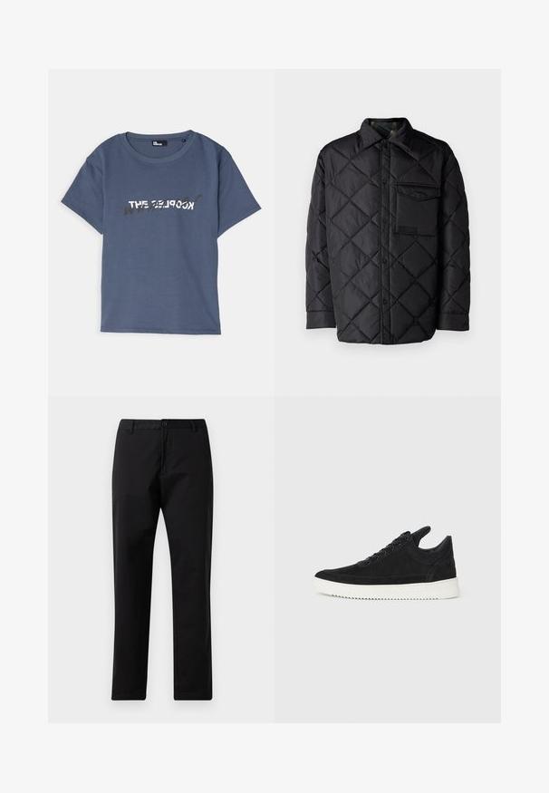 Black quilted jacket with diamond pattern, long sleeves, a collar, and a chest pocket. Smooth texture and snap-button closure.; Short-sleeve blue cotton t-shirt with a round neckline, featuring white and black text graphic across the front in a casual style.; Black straight-leg trousers with button and zip closure, belt loops, and front pockets, displayed on white background.; Black suede sneaker with a white rubber sole, featuring tonal stitching and lace-up design. Smooth texture with a modern, streamlined shape.