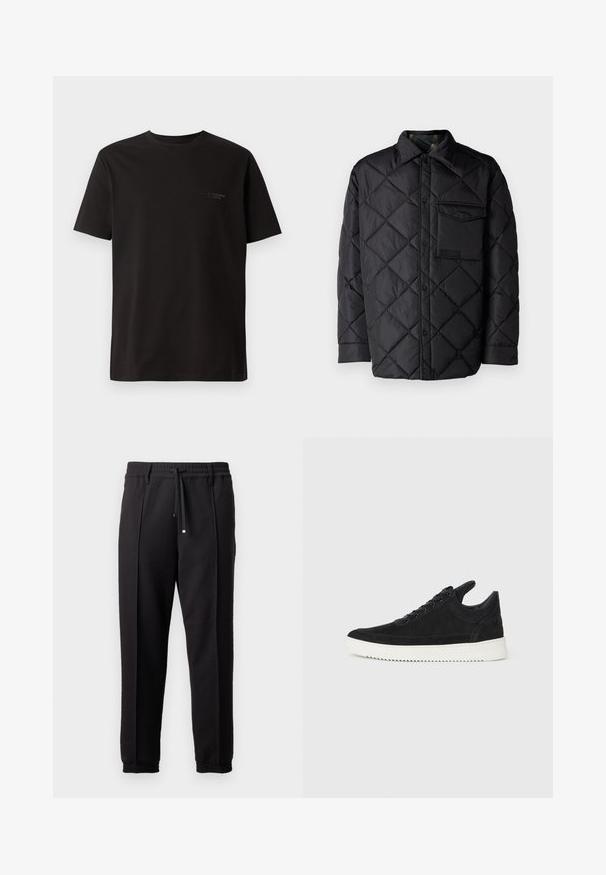 Juodas susiuvinėtas švarkas su deimanto raštu, ilgomis rankovėmis, apykakle ir krūtine kišenėle. Lygus paviršius ir užsegimas snapeliais.; Juodas trumpų rankovių marškinėliai iš medvilnės. Įrengtas apvalus kaklo iškirpimas ir subtili prekės ženklo etikete kairiajame krūtinės plote. Lygi tekstūra.; Juodos kelnės su juosmeniu, raišteliu ir elastingais rankogaliais. Yra raukšlės ir lygus, tekstūruotas audinys.; Juodų suede sportbačių su balta gumine padu, su toniniais siuvinėjimais ir raištelių užsegimu. Sklandus paviršius su šiuolaikine, laiko forma.