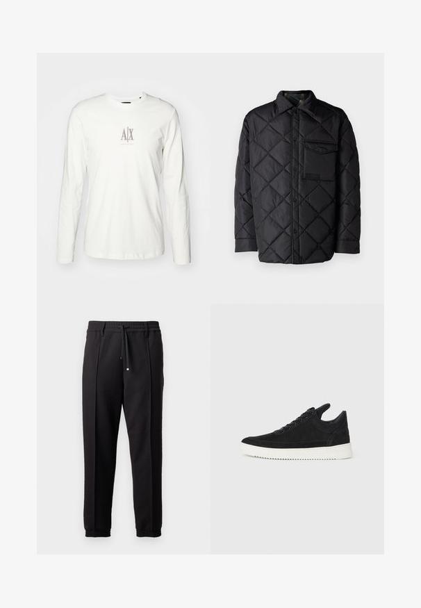 Czarna pikowana kurtka z diamentowym wzorem, długimi rękawami, kołnierzem i kieszenią na piersi. Gładka tekstura i zapięcie na napy.; Biała bawełniana koszulka z długim rękawem z małym beżowym logo z napisem "AX" pośrodku. Gładka faktura i klasyczny okrągły dekolt.; Czarne spodnie z pasem, sznurkiem do regulacji i elastycznymi mankietami. Posiadają kanty oraz gładki, teksturowany materiał.; Czarne zamszowe sneakersy z białą gumową podeszwą, z tonalnym przeszyciem i sznurowanym zapięciem. Gładka tekstura, nowoczesny, smukły kształt.