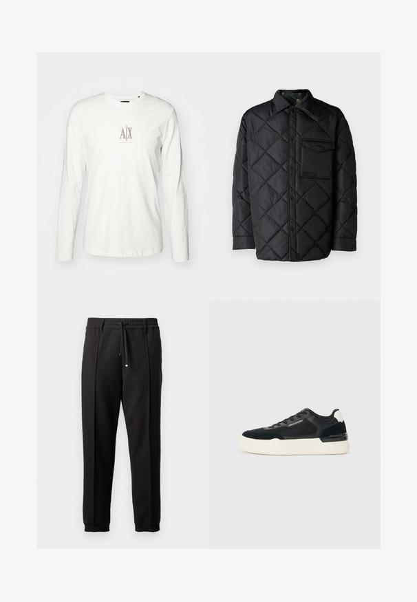 Črna prešita jakna z diamantom, dolgi rokavi, ovratnik in žep na prsih. Gladka tekstura in zapiranje na sponko.; Dolga majica iz belega bombaža z dolgimi rokavi, ki ima majhen bež logotip z "AX" na sredini. Gladka tekstura in klasičen kroj vrat.; Črne hlače z pasom, vrvico in elastičnimi manšeti. Imajo nabore in gladko teksturirano blago.; Črne superge iz mrežastega materiala in usnja, z debelim belim podplatom in kontrastnimi poudarki. Pertle in detajl logotipa ob strani.