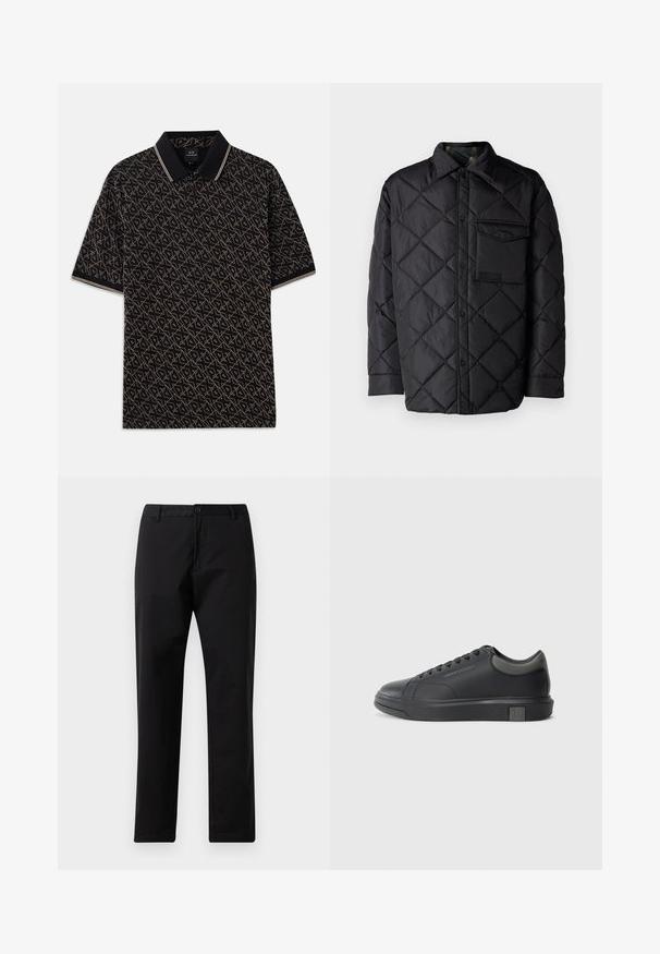 Černá prošívaná bunda s diamantovým vzorem, dlouhými rukávy, límcem a náprsní kapsou. Hladká textura a zapínání na tlakové knoflíky.; Černé polo tričko s geometrickým zlatým vzorem, krátké rukávy a klasický límeček s jemnými pruhovanými akcenty.; Černé rovné kalhoty se zapínáním na knoflík a zip, s poutky na opasek a předními kapsami, vystavené na bílém pozadí.; Černé kožené tenisky s hladkým povrchem, zaoblenou špičkou a tmavě šedými akcenty. Disponují šněrovacím designem a texturovanou gumovou podrážkou.