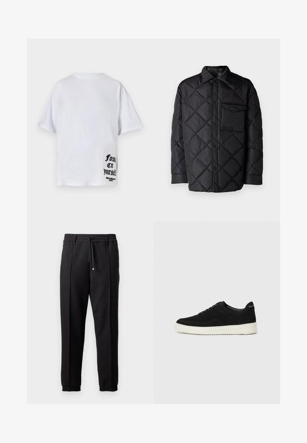 Musta tikattu takki, jossa on timanttipatterni, pitkät hihat, kaulus ja rintatasku. Sileä tekstuuri ja nepparikiinnitys.; Valkoinen puuvillapaidat, jossa on rento istuvuus, lyhyet hihat ja musta graafinen printti alareunassa oikealla puolella, jossa lukee "Keskity itseesi."; Mustat housut, joissa on vyötäröhine, naru ja joustavat hihnat. Ominaisuuksiin kuuluvat pleatit ja sileä, teksturoitu kangas.; Mustat mokkakengät nauhoilla ja kontrastivalkoisella kumipohjalla. Varustettu teksturoiduilla sivupaneeleilla ja huomaamattomalla brändäyksellä kantapäässä.